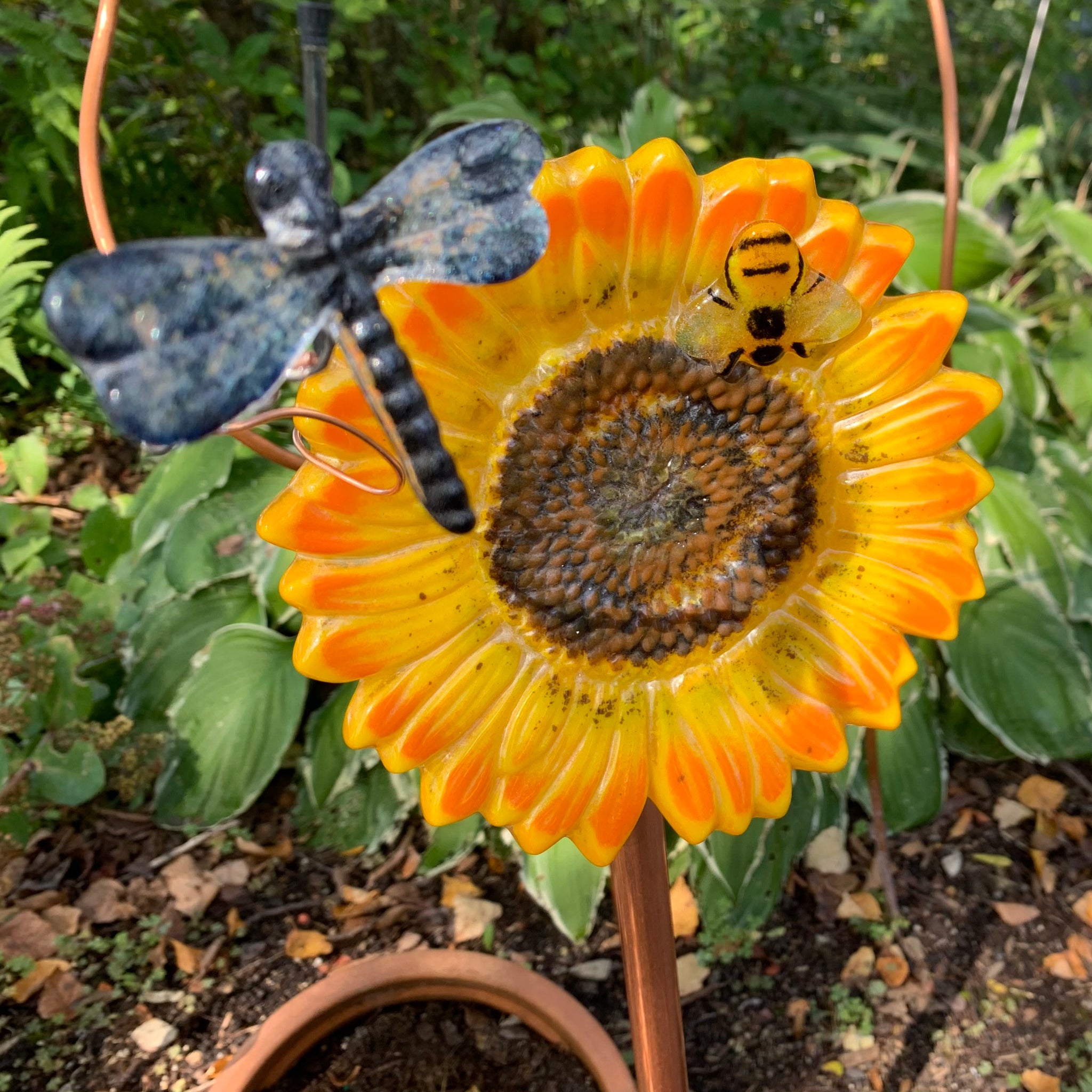 6" Sunflower garden stake with floating dragonfly and bee