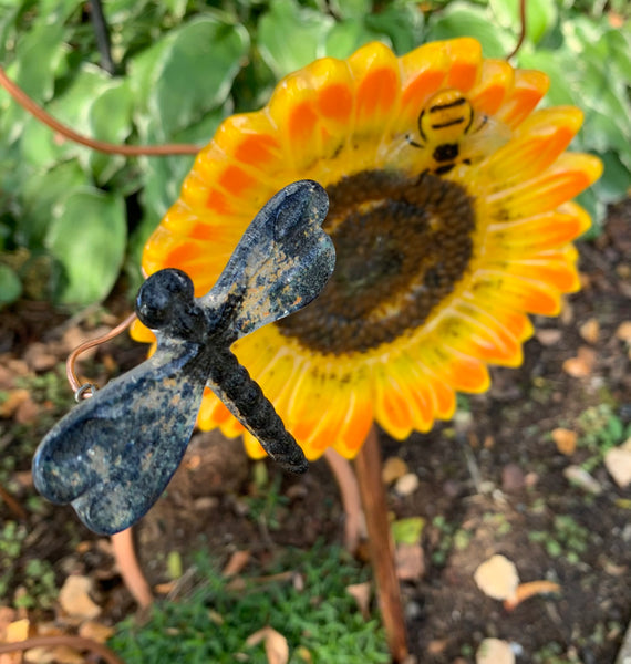 6" Sunflower garden stake with floating dragonfly and bee