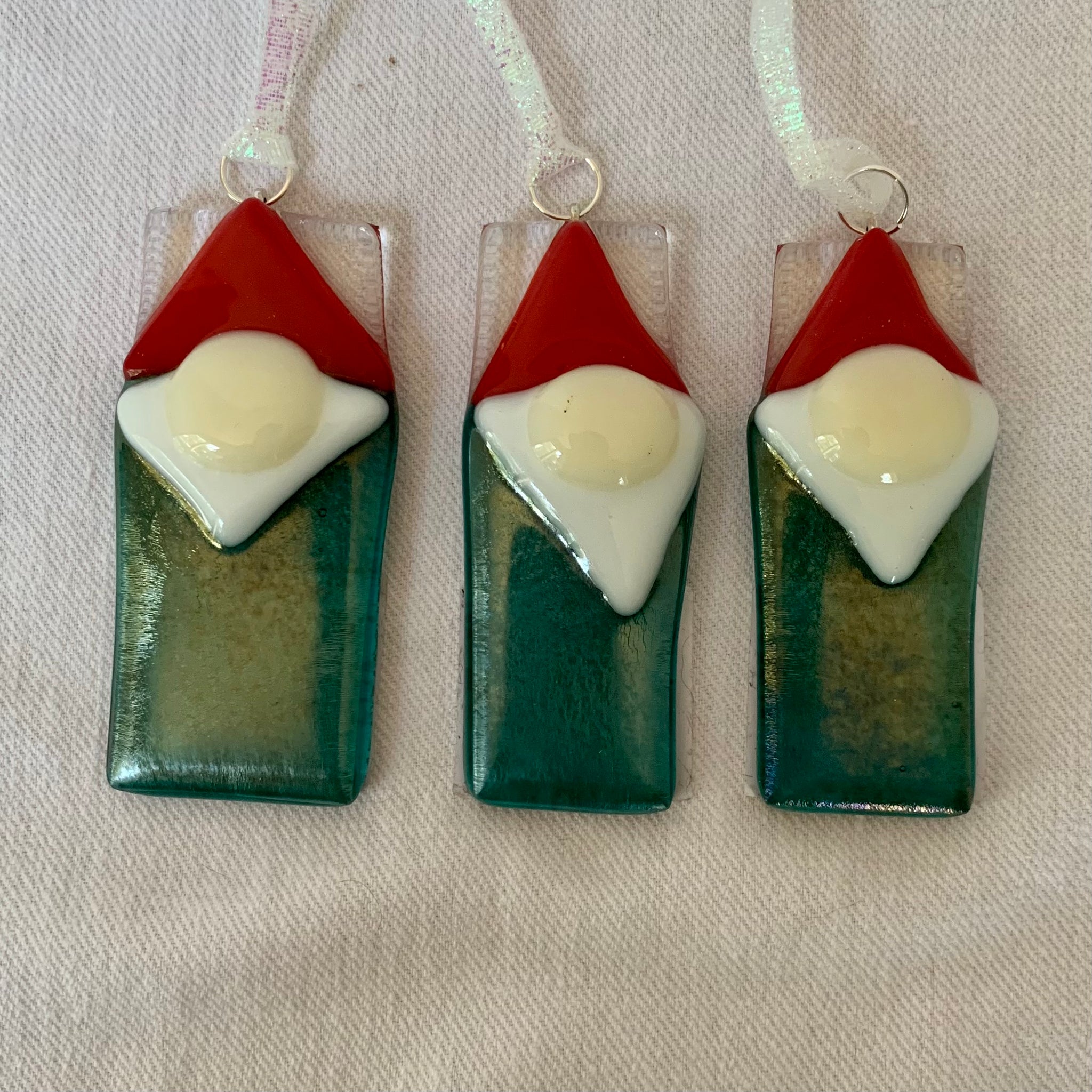 Transparent green iridized gnome ornaments