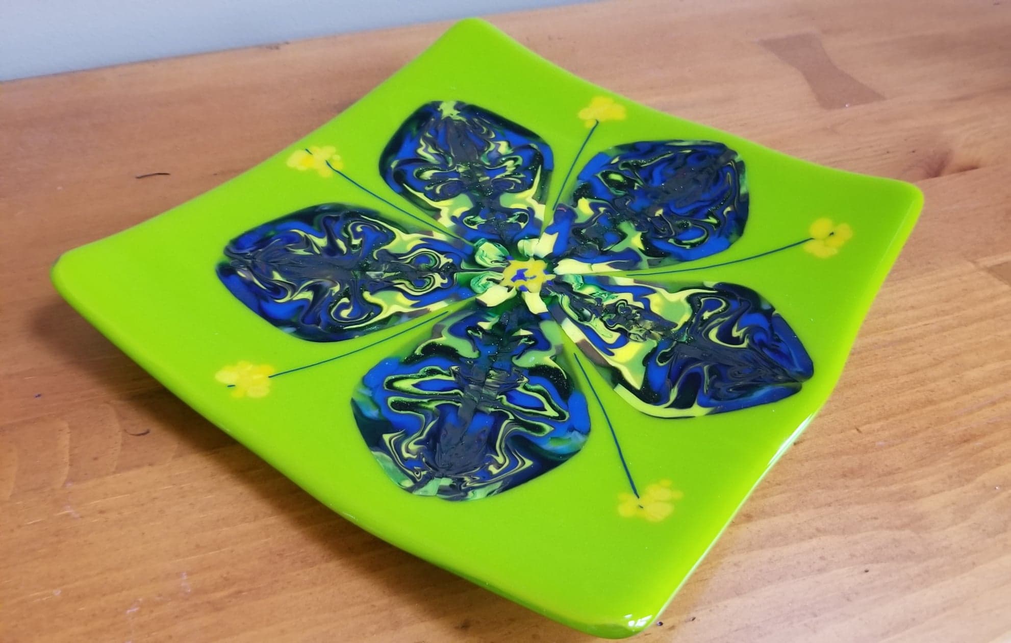 Bright Green Tray with Blue Flower